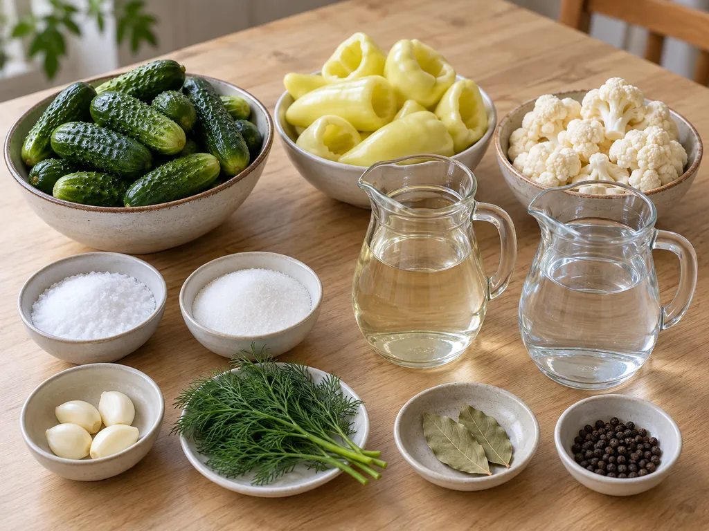 Uborka, almapaprika, karfiol, ecet, só, cukor és fűszerek a savanyúsághoz