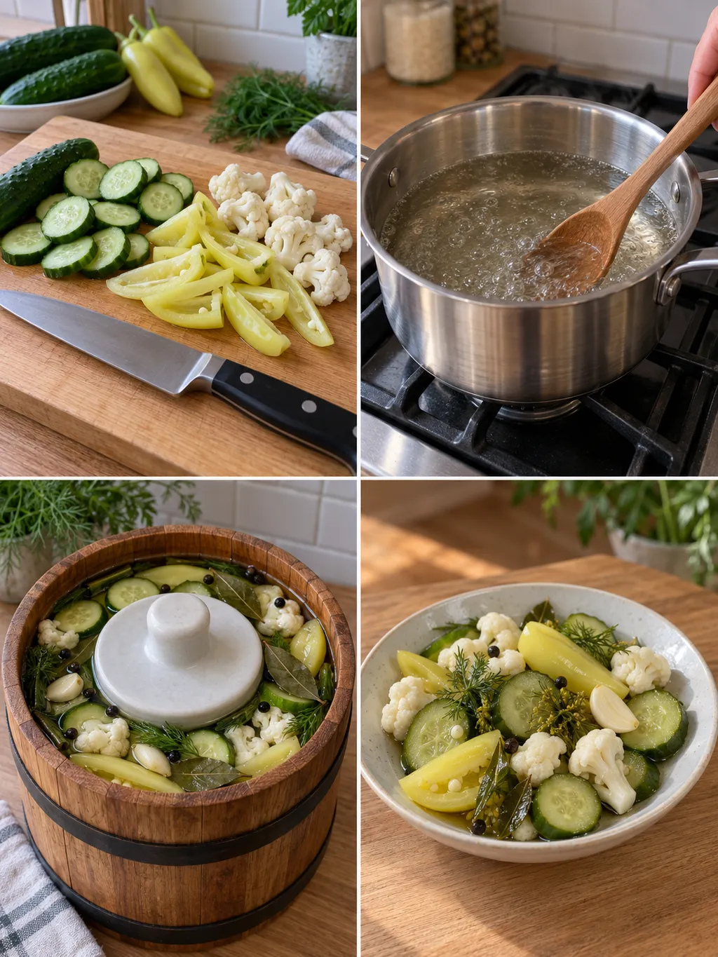 A vegyes savanyúság darabolása, felöntőleve, hordóba töltése és kész tálalása