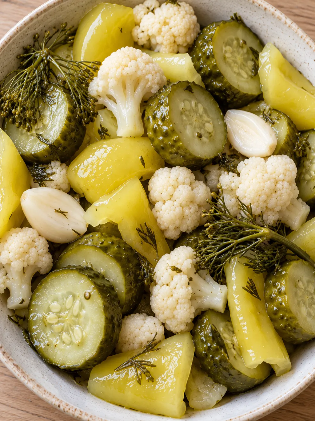 Lecsöpögtetett uborka, almapaprika és karfiol kapros vegyes savanyúságként