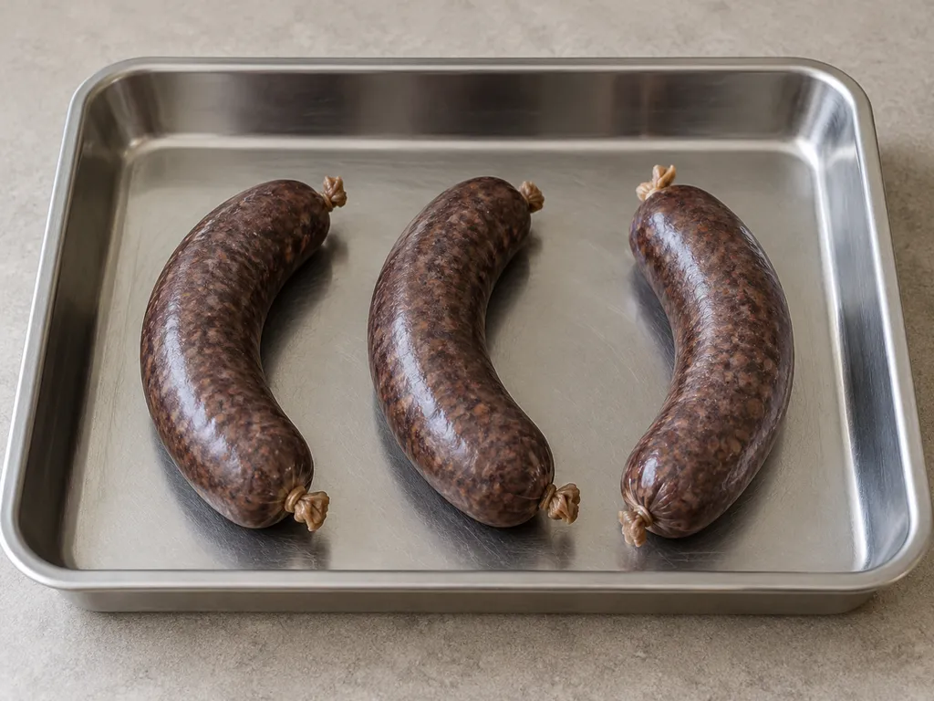 Három előkészített hurka egy rétegben, külön elhelyezve egy fémtepsiben.