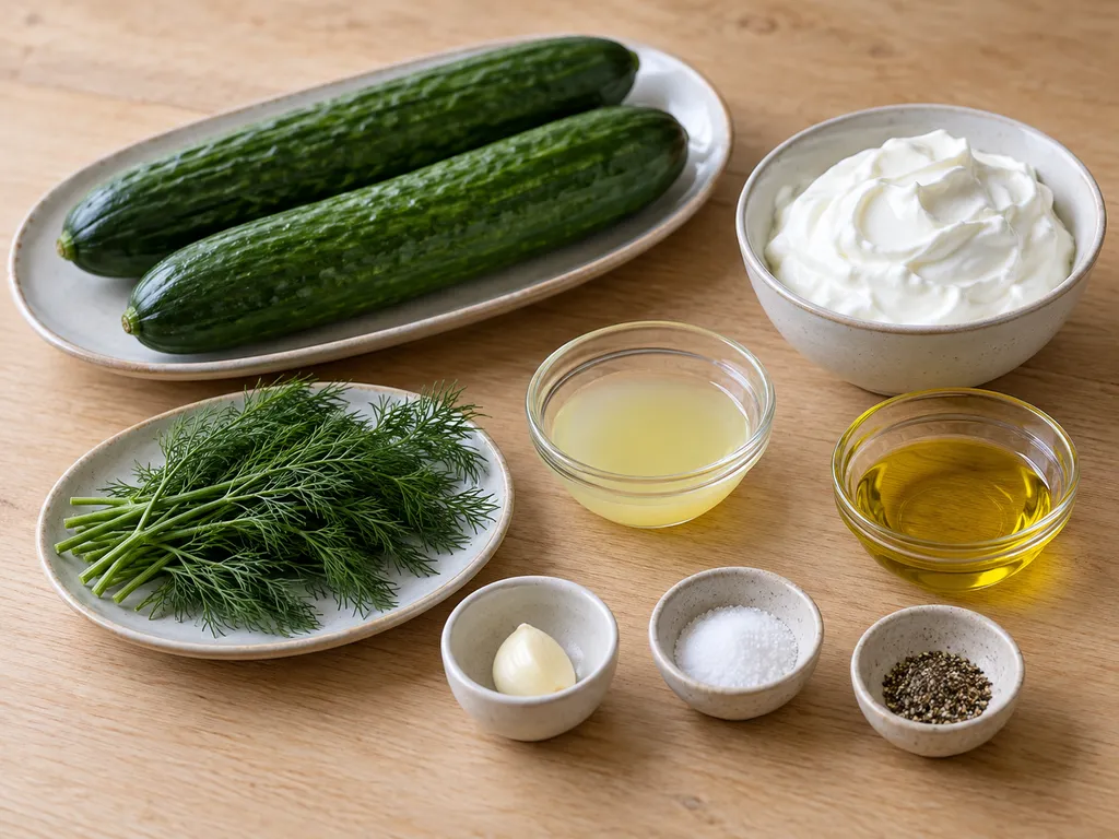 Uborka, görög joghurt, kapor, fokhagyma és az öntet hozzávalói külön edényekben