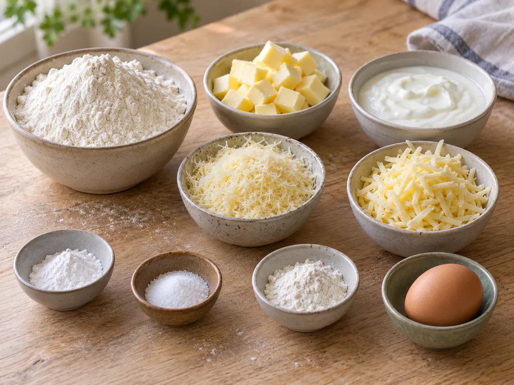 Liszt, vaj, joghurt, reszelt sajt, sütőpor, só és tojás a sajtos rudakhoz