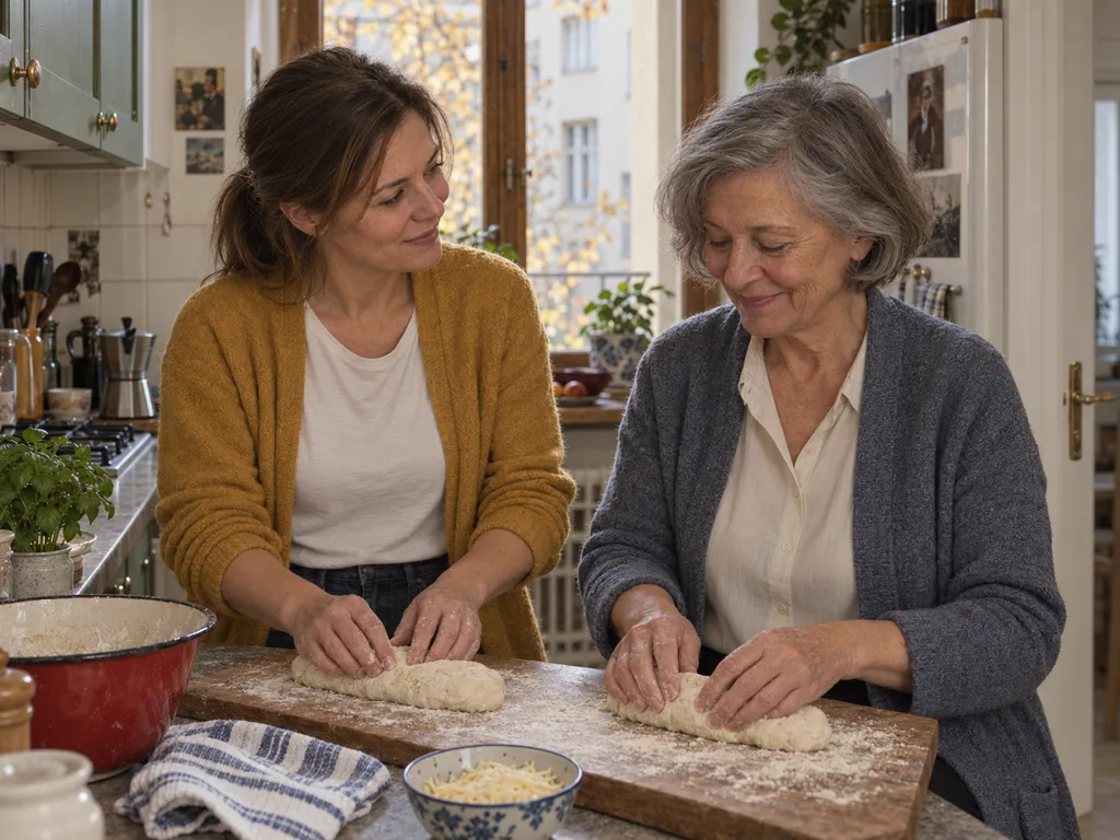 Vera és Eszter egymás mellett formázzák a bagettek tésztáját a keskeny konyhapulton.