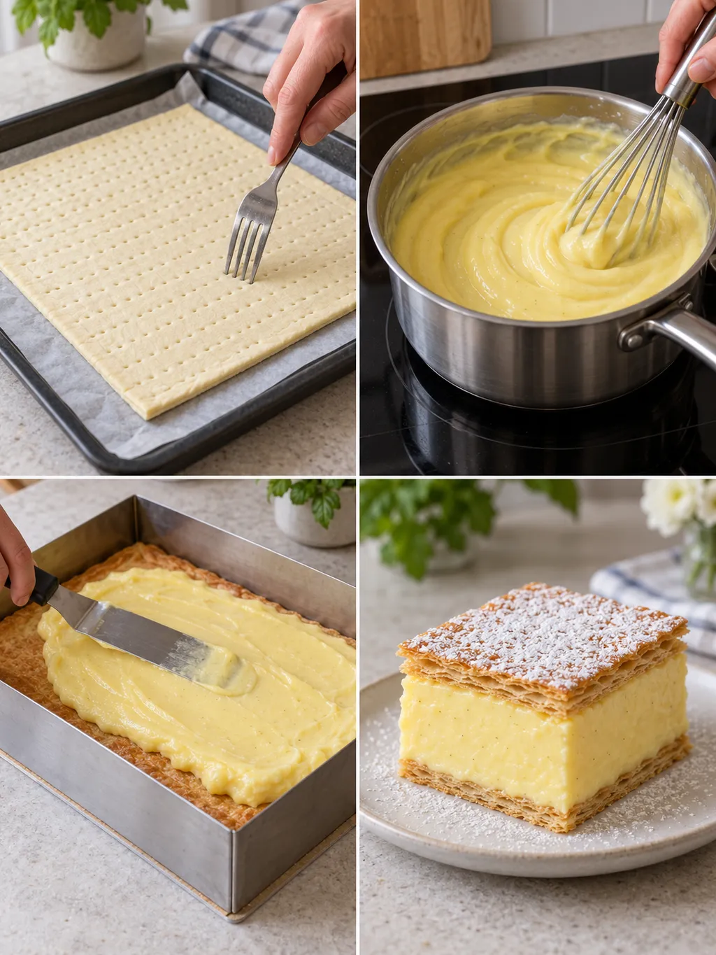 Tészta szurkálása, vaníliakrém főzése, töltés és a kész porcukros krémes szelet