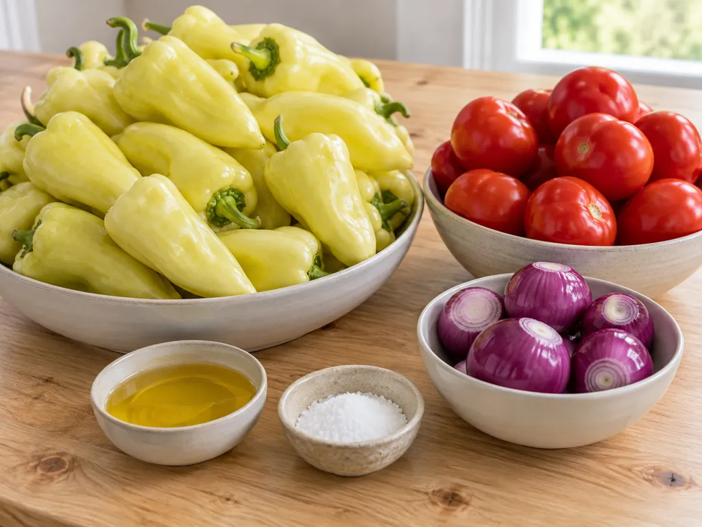 Lecsópaprika, paradicsom, vöröshagyma, napraforgóolaj és só külön edényekben