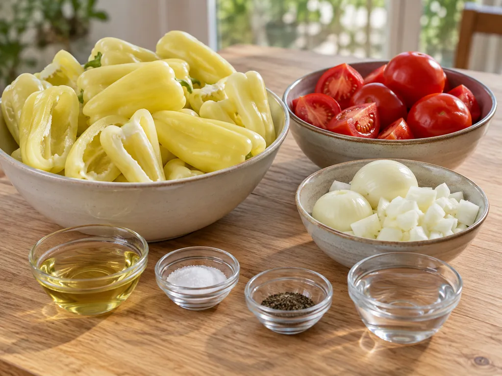 Lecsópaprika, paradicsom, vöröshagyma, olaj, só, bors és víz külön edényekben