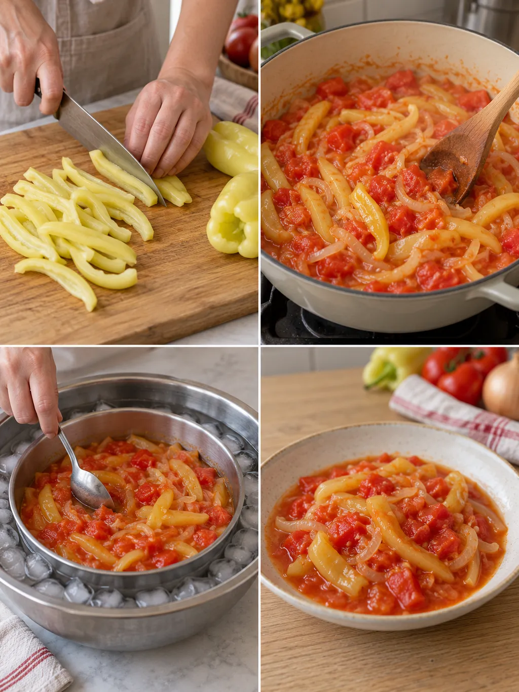 Paprika szeletelése, lecsó főzése, gyors hűtése és a kész étel tálalása