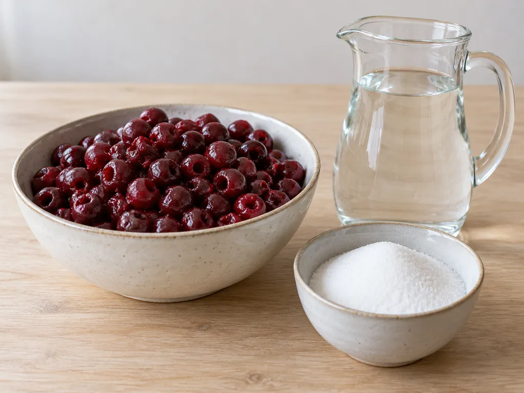 Magozott meggy, kristálycukor és víz a házi meggybefőtthöz