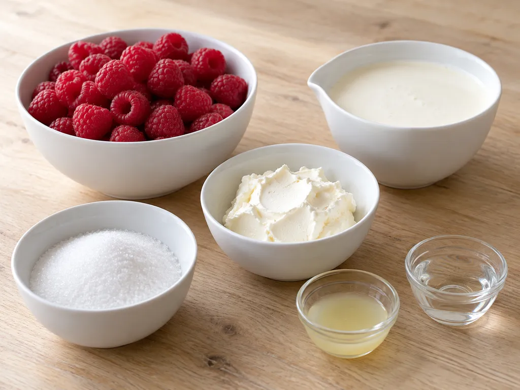 Málna, cukor, citromlé, víz, mascarpone és habtejszín külön edényekben