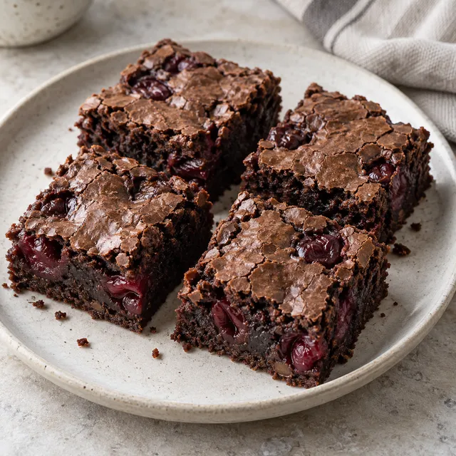 Meggyes-csokis brownie szeletek bordó meggydarabokkal és vékony, repedezett kéreggel