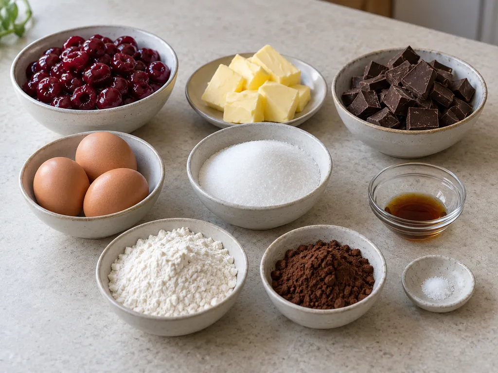 Meggy, étcsokoládé, vaj, három tojás és a brownie többi hozzávalója külön tálakban