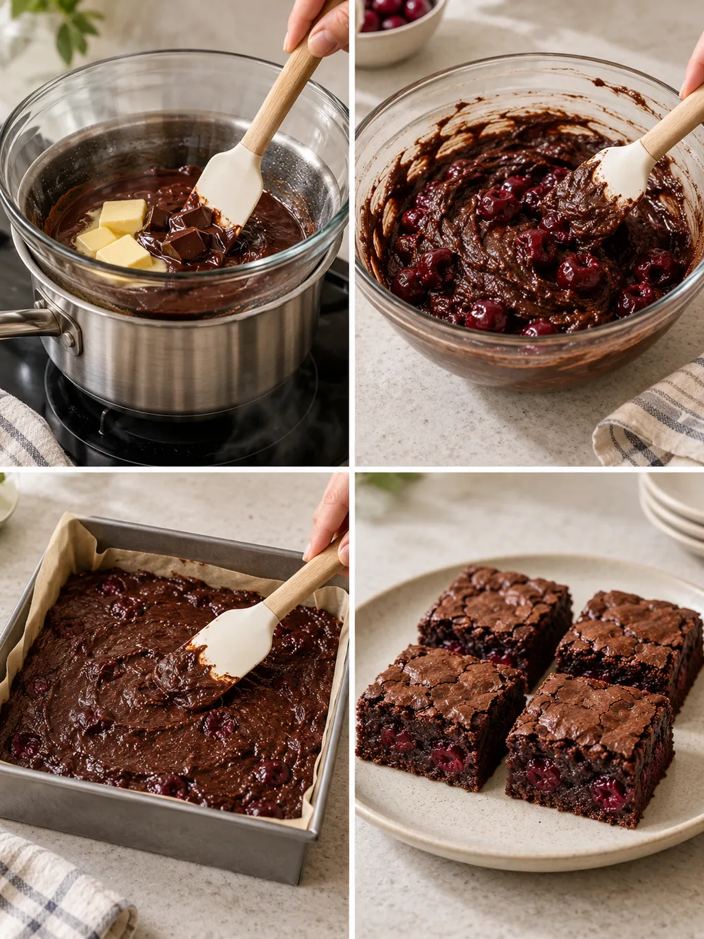 Csokoládéolvasztás, meggy beleforgatása, tésztasimítás és kész brownie-szeletek