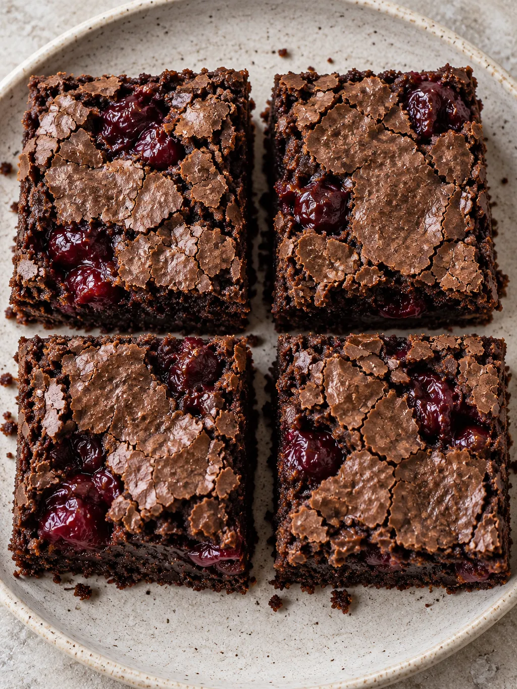 Négy meggyes-csokis brownie-szelet repedezett csokoládés tetővel világos tányéron