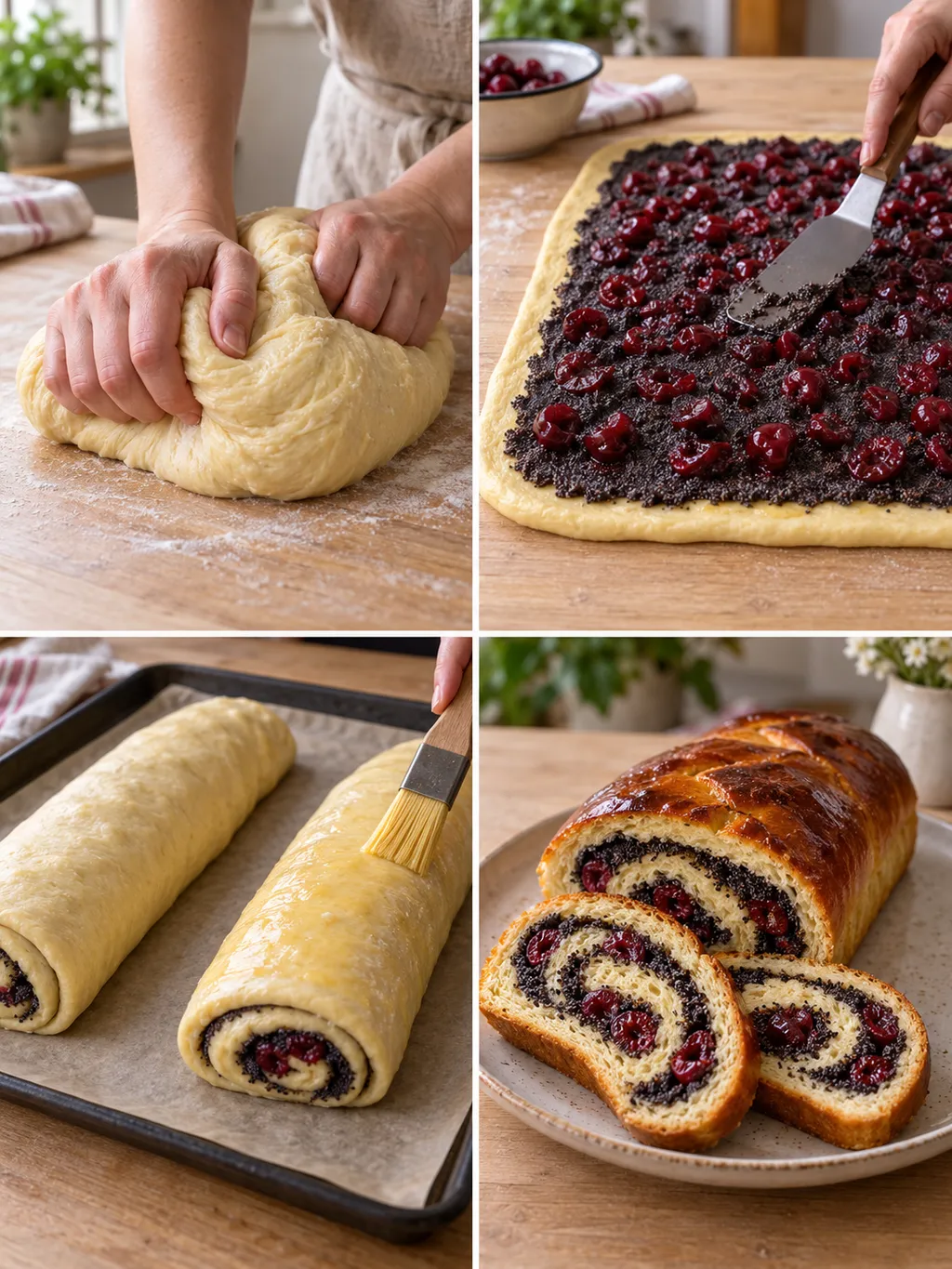 A kalács dagasztása, megtöltése, lekenése és a megsült meggyes-mákos szeletek
