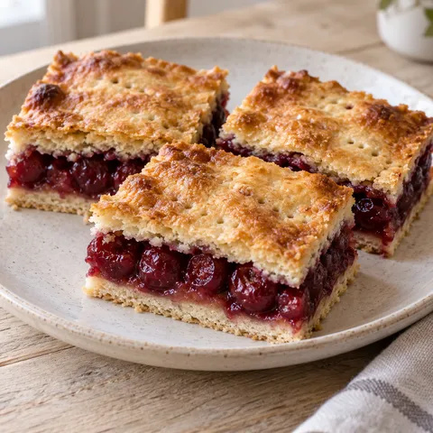 Omlós meggyes pite aranybarna tetővel és sötétpiros töltelékkel