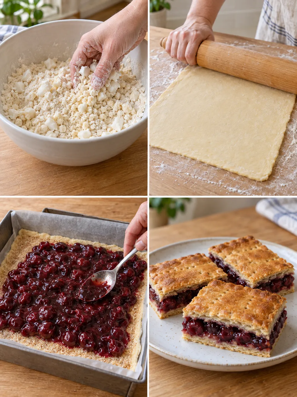 Meggyes pite készítése a zsíros tészta morzsolásától a kész szeletekig