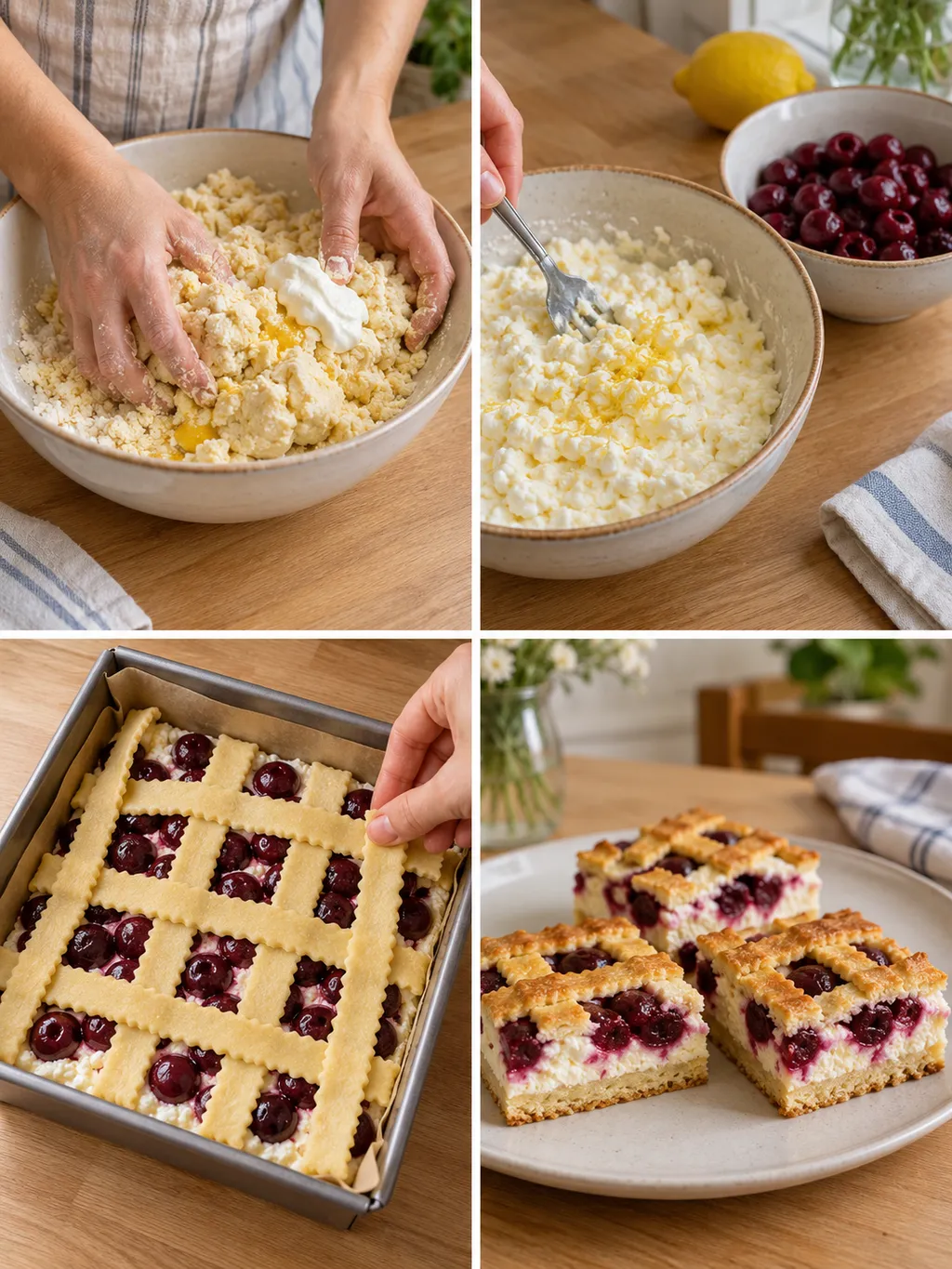 Linzertészta, túrótöltelék és tésztarács készítése, majd a megsült meggyes-túrós szeletek