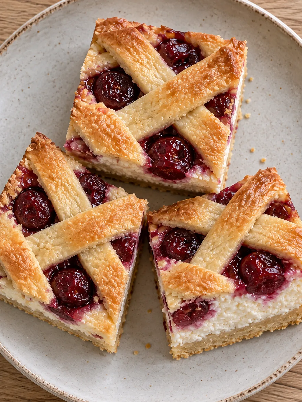 Meggyes-túrós linzer felülről, aranybarna ráccsal és bordó meggyszemekkel