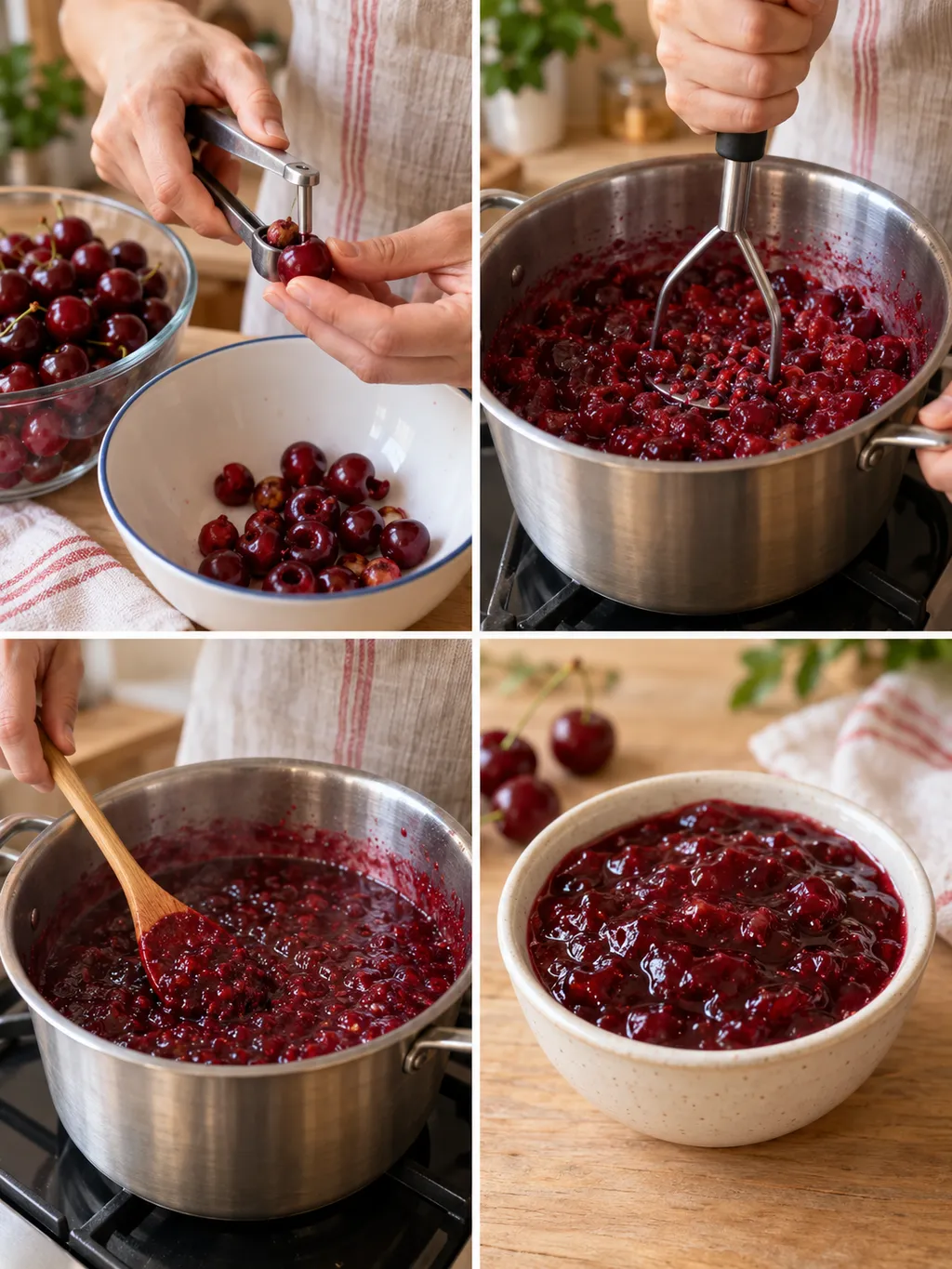 A meggy magozása, törése, főzése és a kész gyümölcsdarabos lekvár