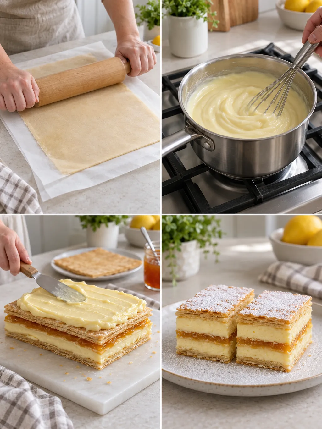 Mimóza krémes készítése tésztanyújtással, krémfőzéssel és rétegezéssel