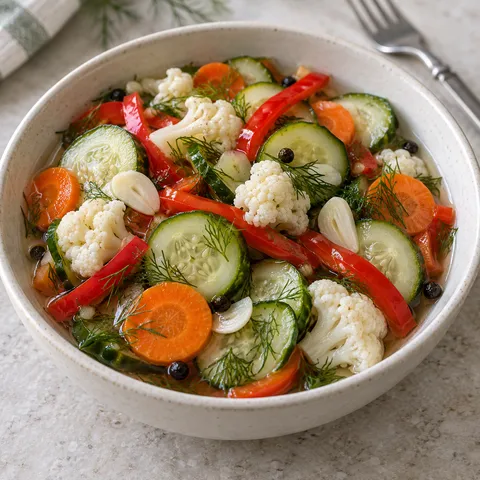 Vegyes savanyúság uborkával, piros paprikával, répával és karfiollal