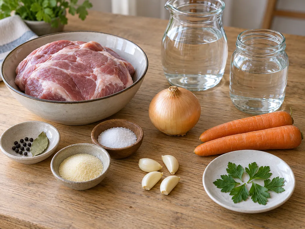 Sertéslapocka, hagyma, fokhagyma, sárgarépa, fűszerek és zselatin