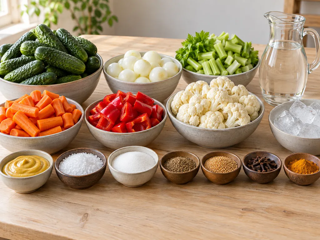 Uborka, hagyma, szárzeller, répa, paprika, karfiol és a savanyúság felöntőlevének alapanyagai