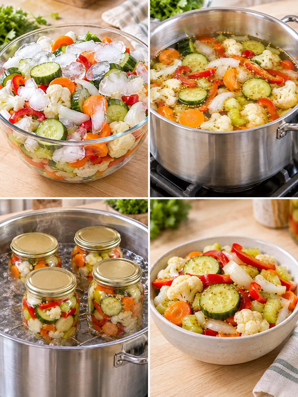 Vegyes savanyúság jeges pihentetése, forralása, vízfürdős befőzése és tálalása