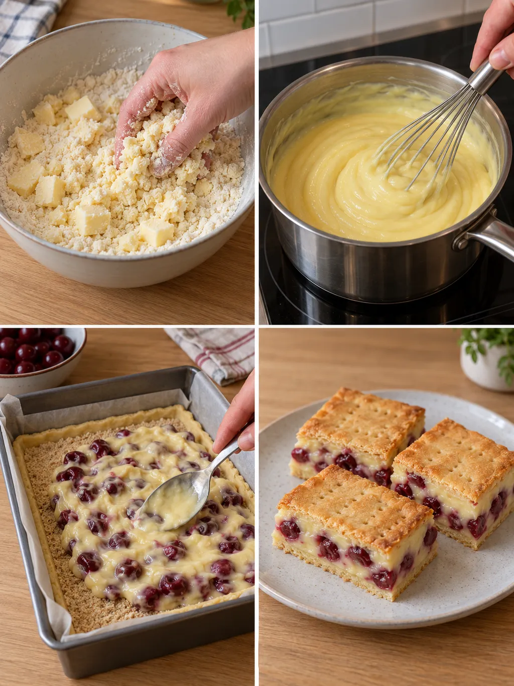 A meggyes pite készítése a vajas tészta összeállításától a kész pudingos szeletekig