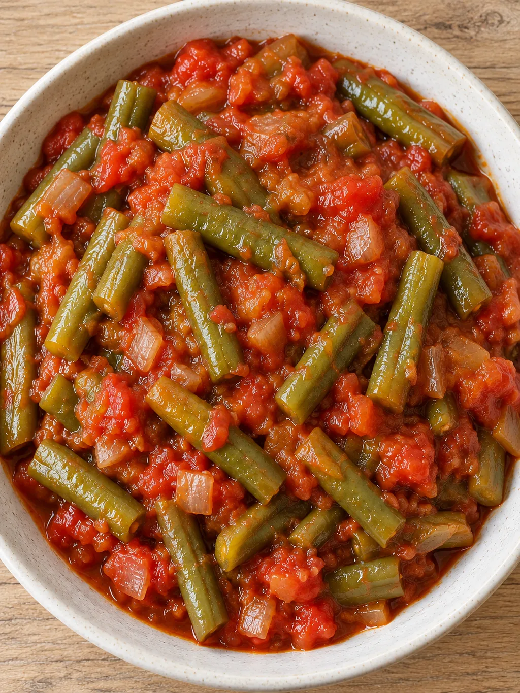 Puhára főtt zöldbab sűrű piros paradicsomszósszal és apró hagymadarabokkal