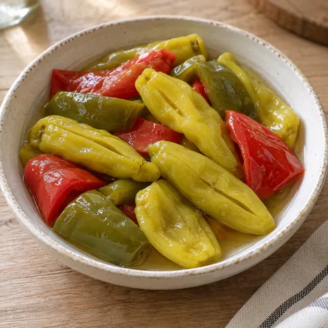 Ecetes pepperóni paprika piros és zöld édespaprikával, fehér tálban
