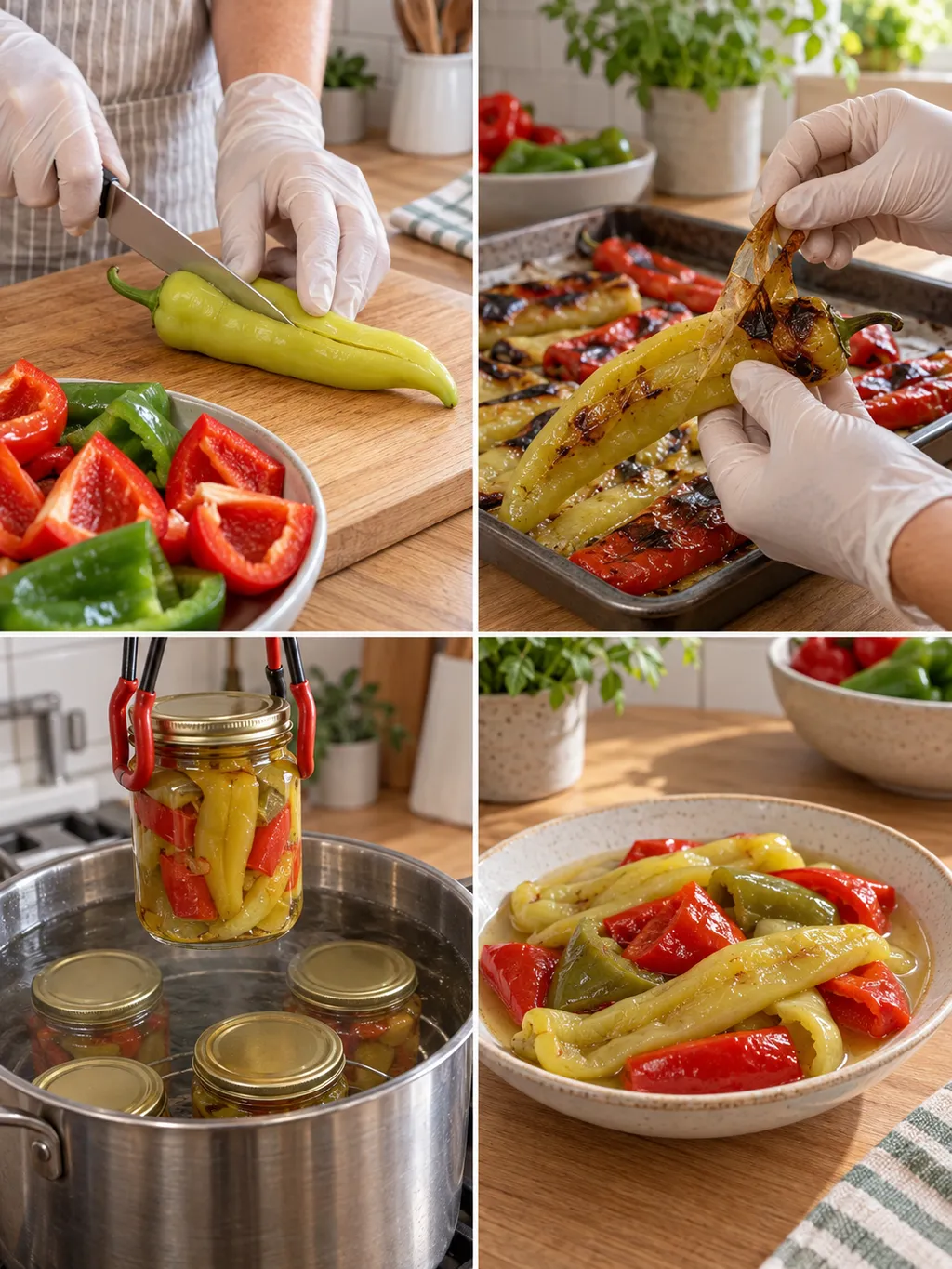 Paprika bemetszése, hámozása, vizes dunsztolása és a kész ecetes savanyúság