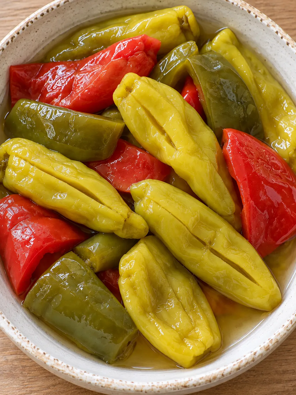 Hámozott ecetes pepperóni és színes édespaprika-darabok kevés felöntőlével
