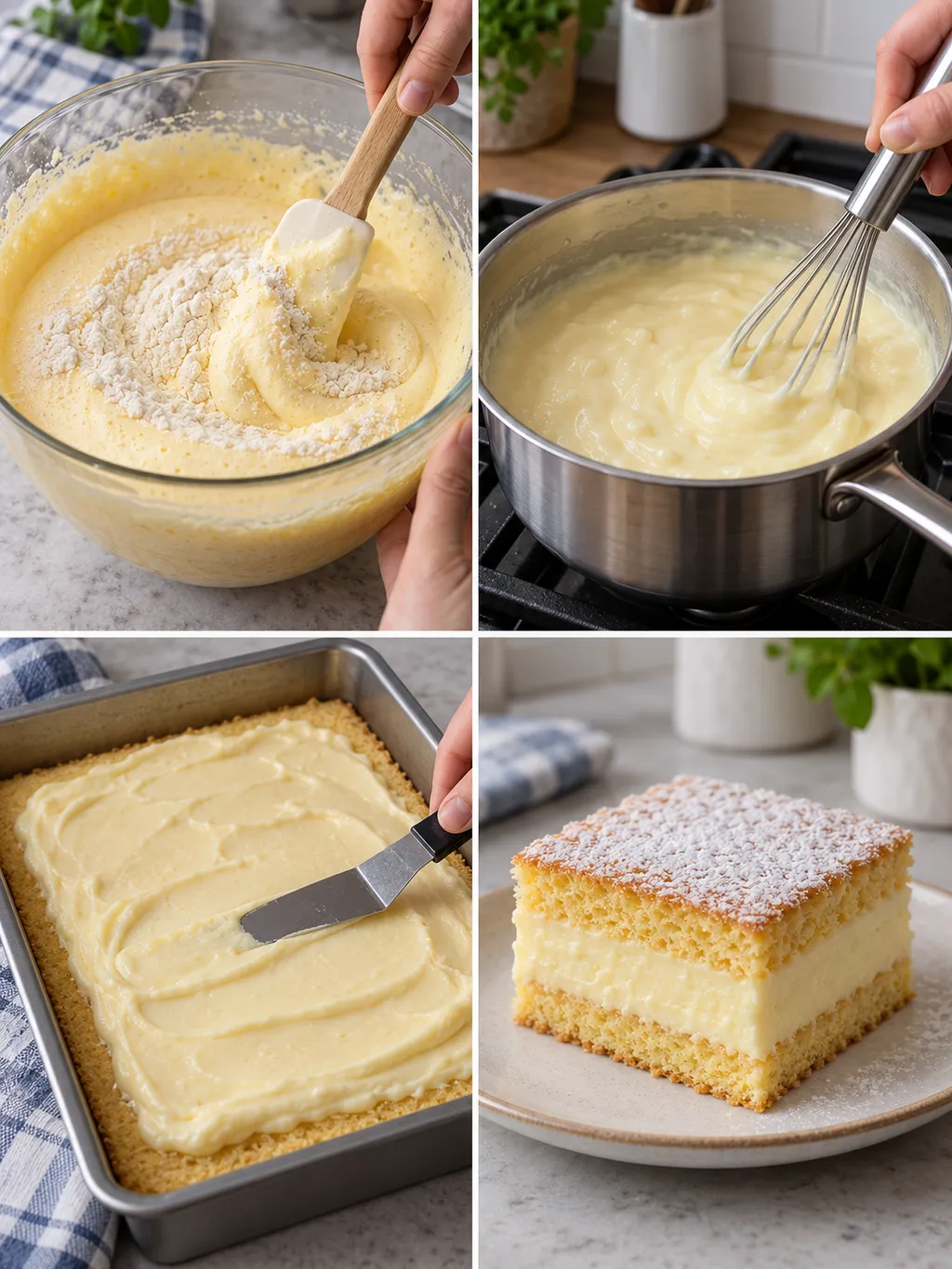 Piskótatészta keverése, vaníliakrém főzése, töltés és kész krémes szelet