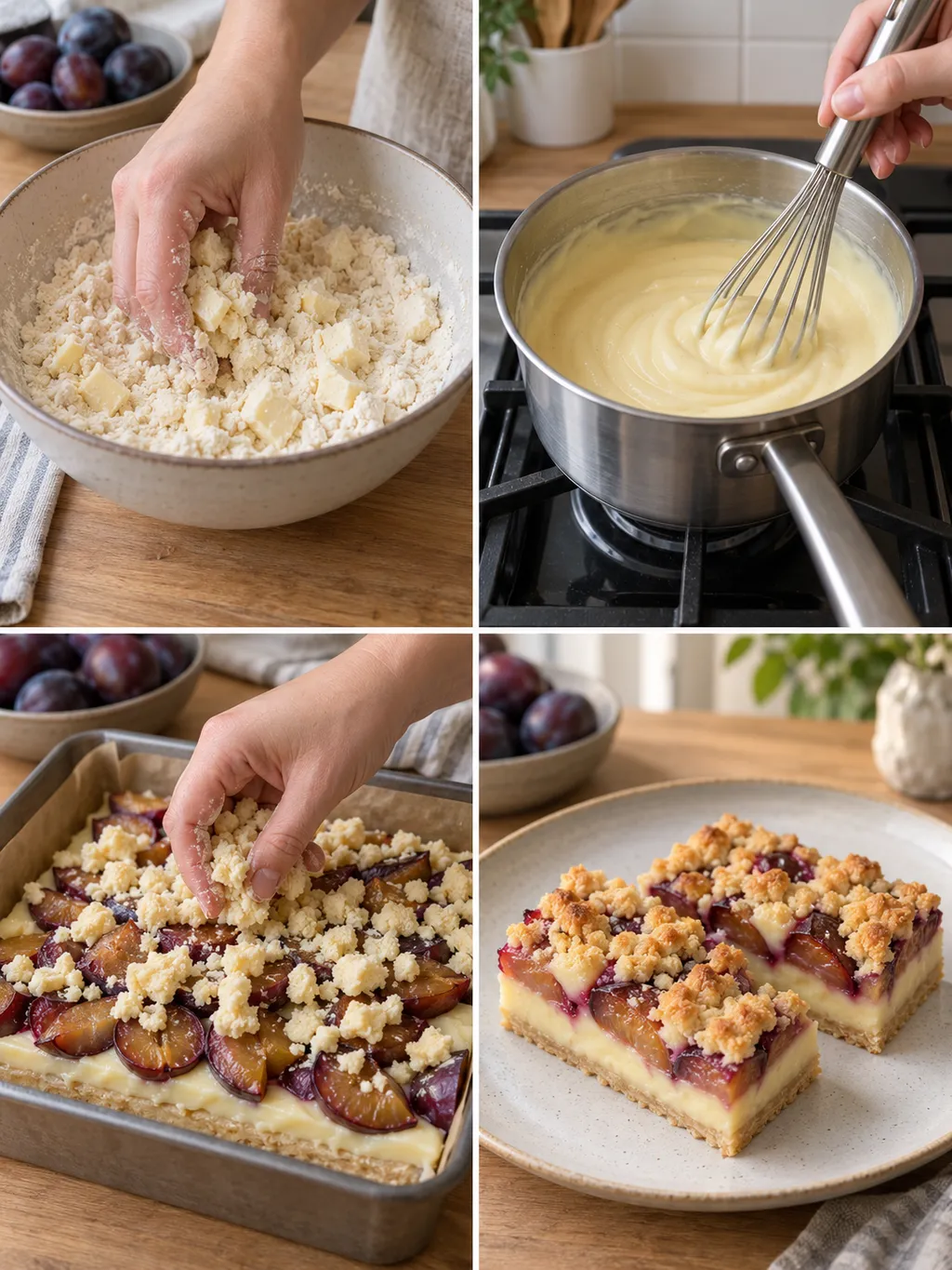 A szilvás pite tésztakészítése, pudingfőzése, rétegezése és kész szeletei