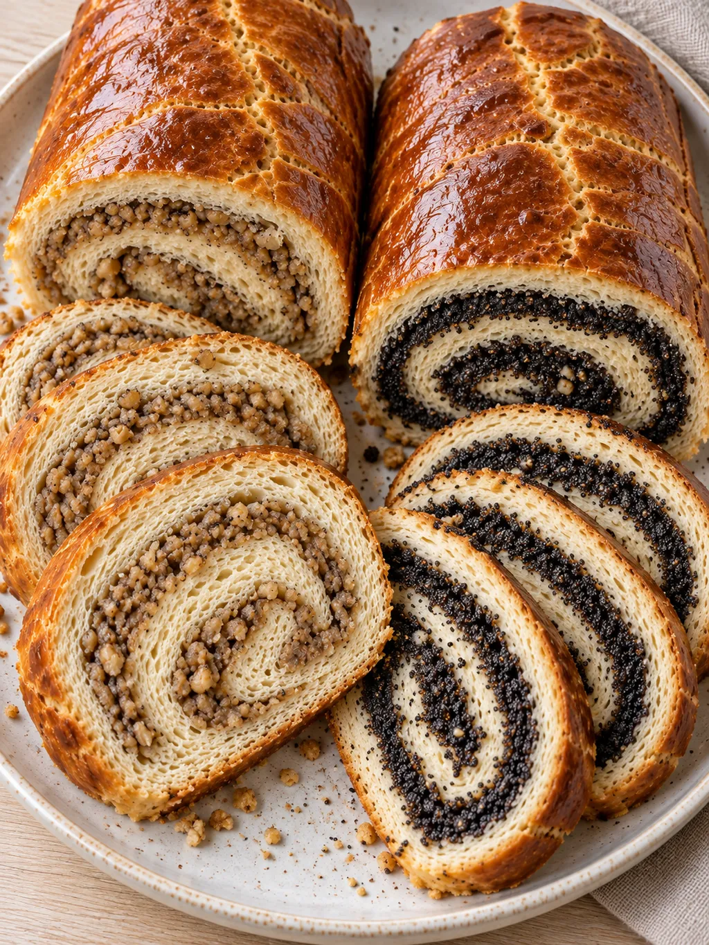 Puha diós és mákos kalács vastag szeletei jól látható töltelékcsigákkal