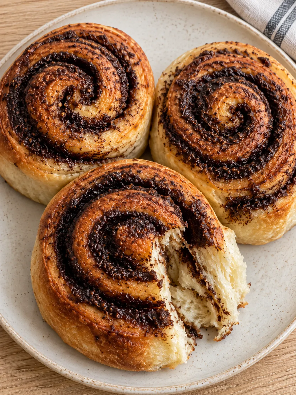 Puha kakaós csigák aranyszínű tésztával és gazdag, sötét kakaós spirálokkal
