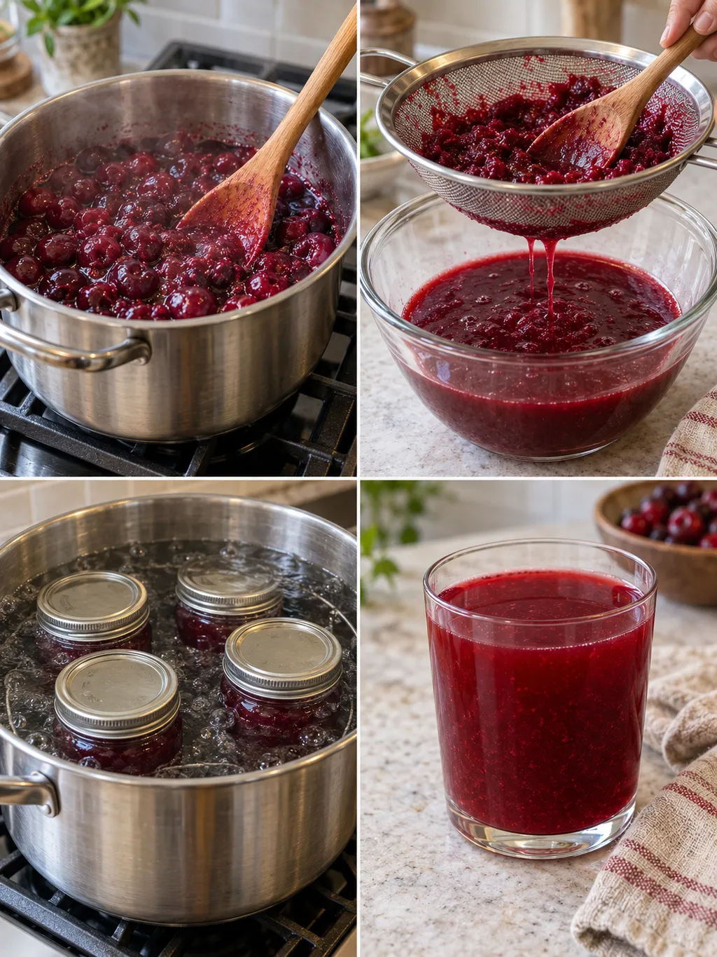 A meggy puhítása, passzírozása, üveges hőkezelése és a kész rostos ital