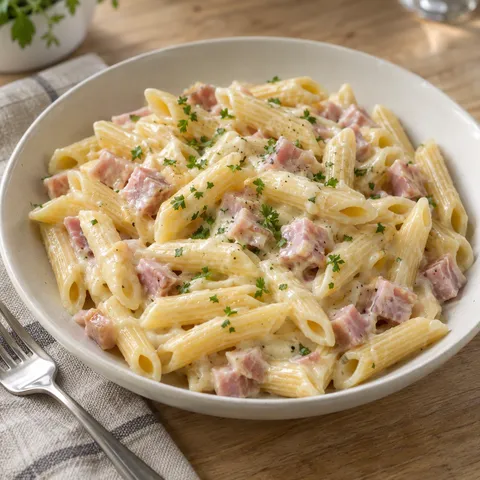 Sajtszószos sonkás penne goudás mártással és aprított petrezselyemmel