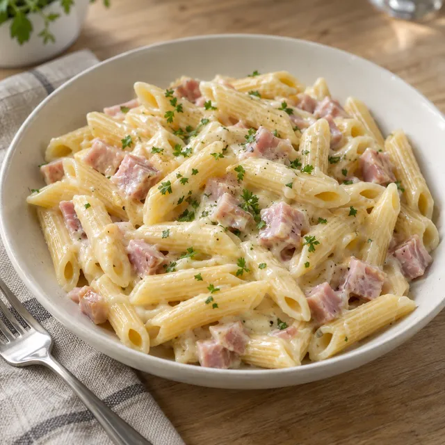 Sajtszószos sonkás penne goudás mártással és aprított petrezselyemmel