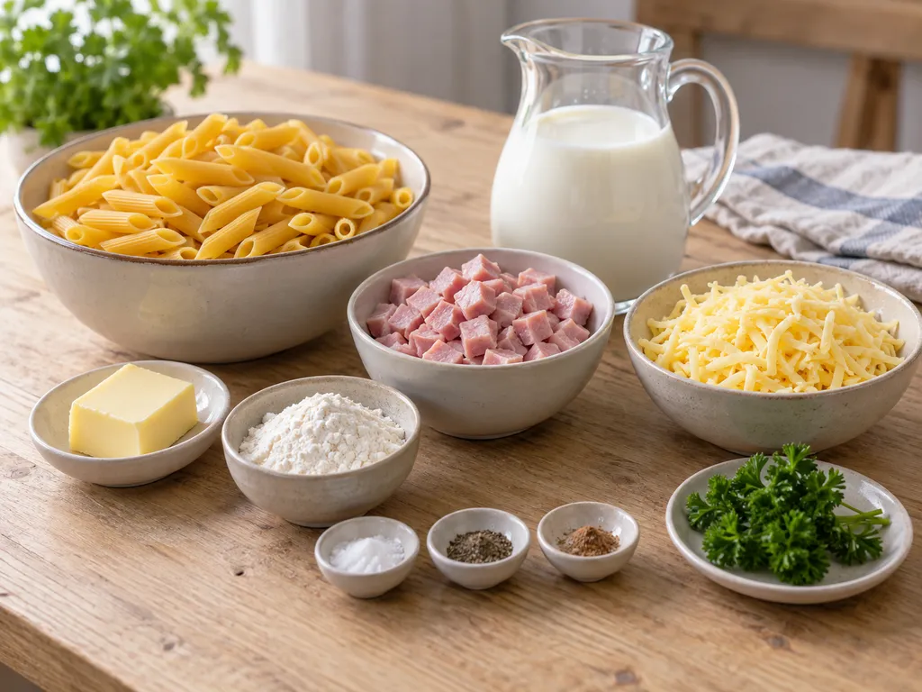 Penne, főtt sonka, gouda, tej, vaj, liszt és fűszerek a sajtmártáshoz