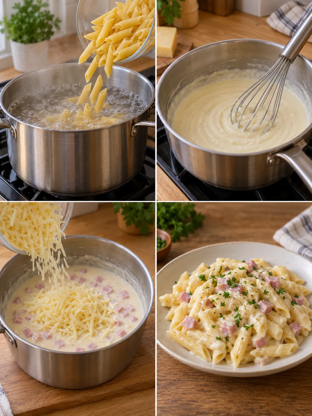 A sonkás sajtos penne készítésének lépései és a petrezselymes kész étel