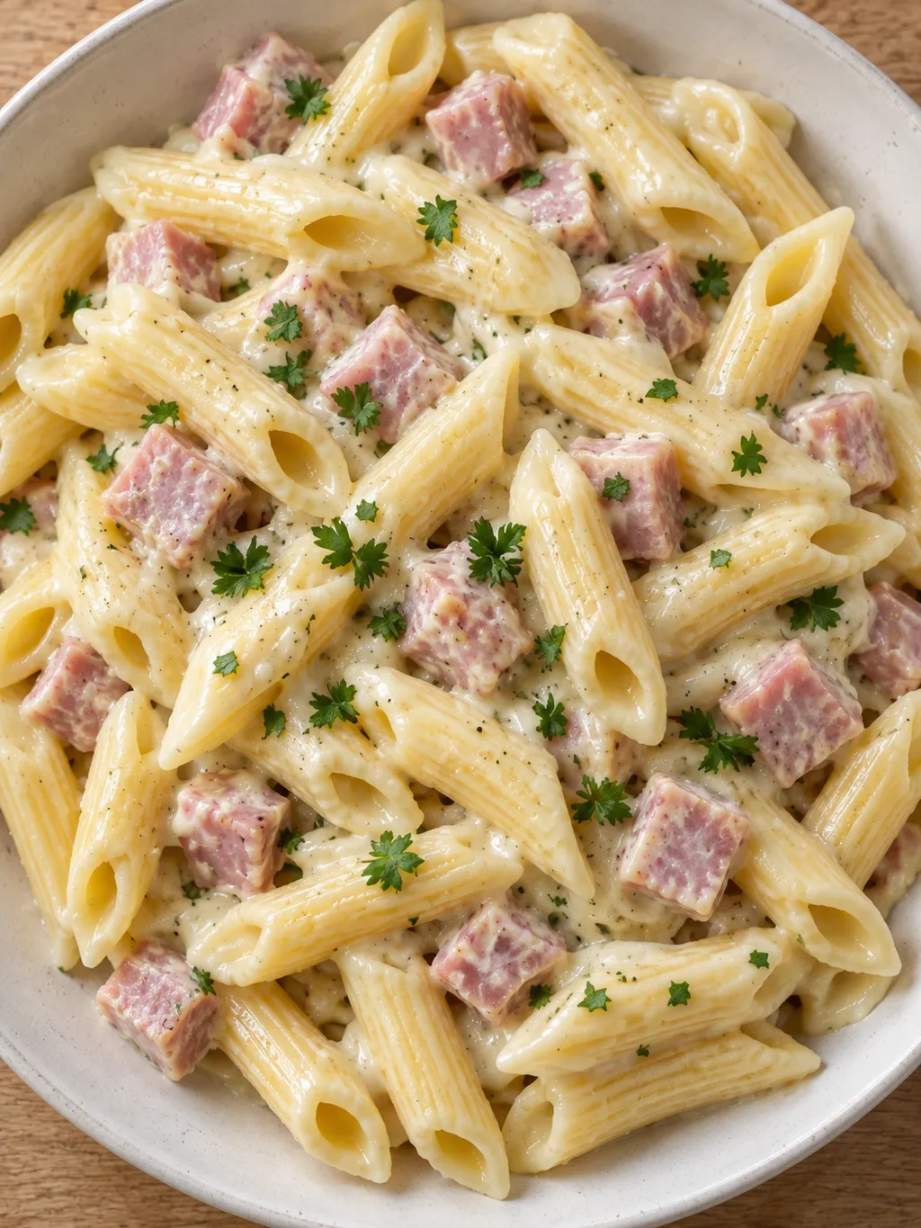 Krémes sajtszószos penne sonkakockákkal és friss petrezselyemmel