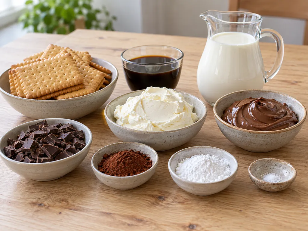 Keksz, kávé, mascarpone, mogyorókrém, kakaó, cukor, só, tejszín és étcsokoládé