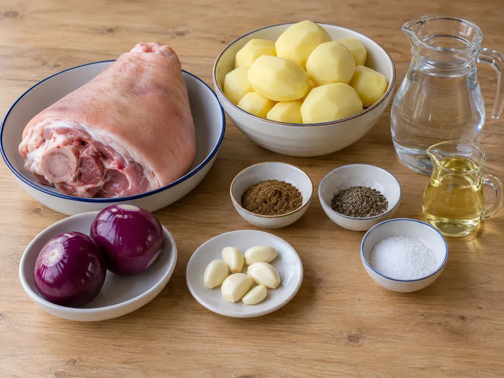 Nyers csülök, burgonya, hagyma, fokhagyma és fűszerek külön edényekben