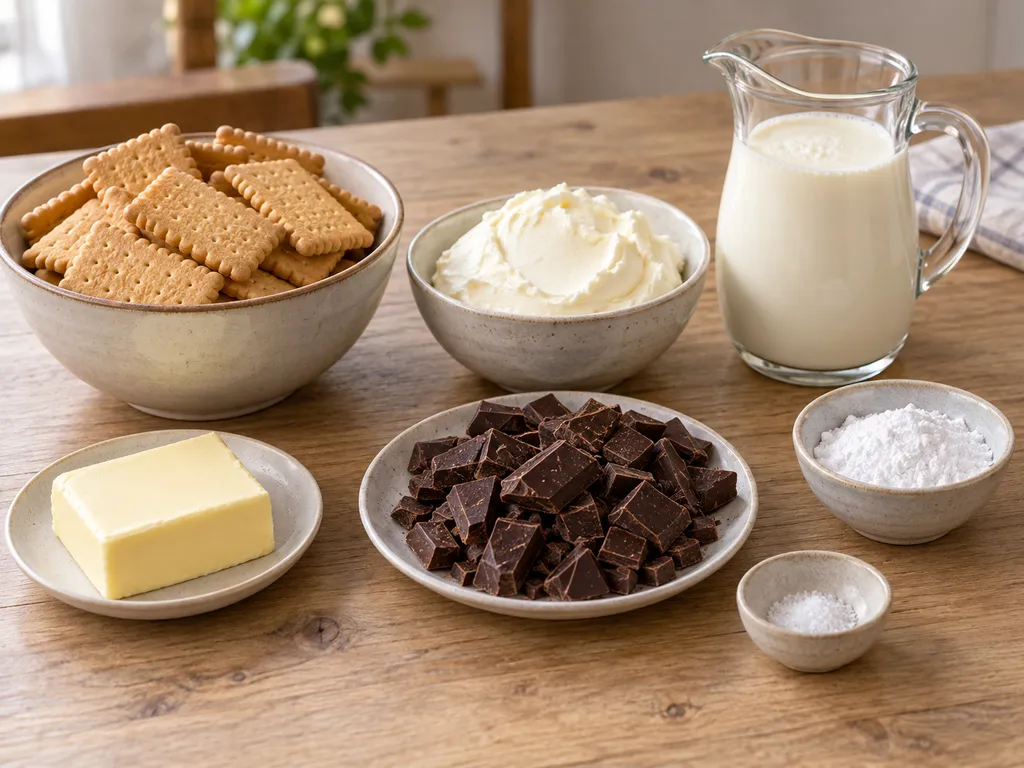 Keksz, vaj, só, étcsokoládé, mascarpone, porcukor és habtejszín külön edényekben