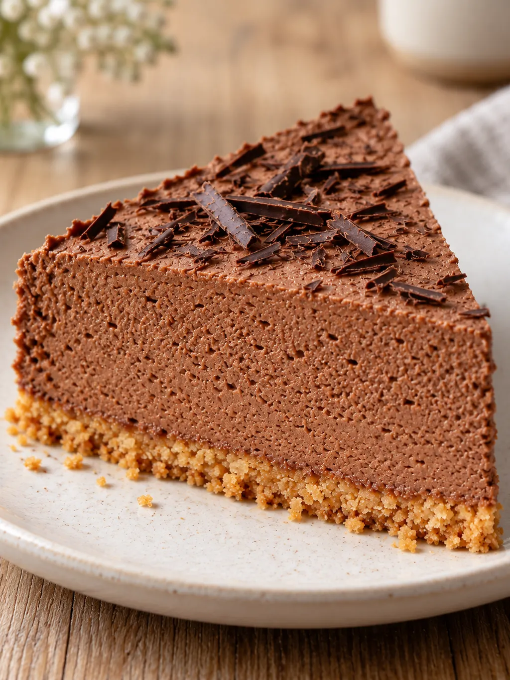 Vastag csokoládékrémes tortaszelet vajas kekszalappal és csokiforgáccsal