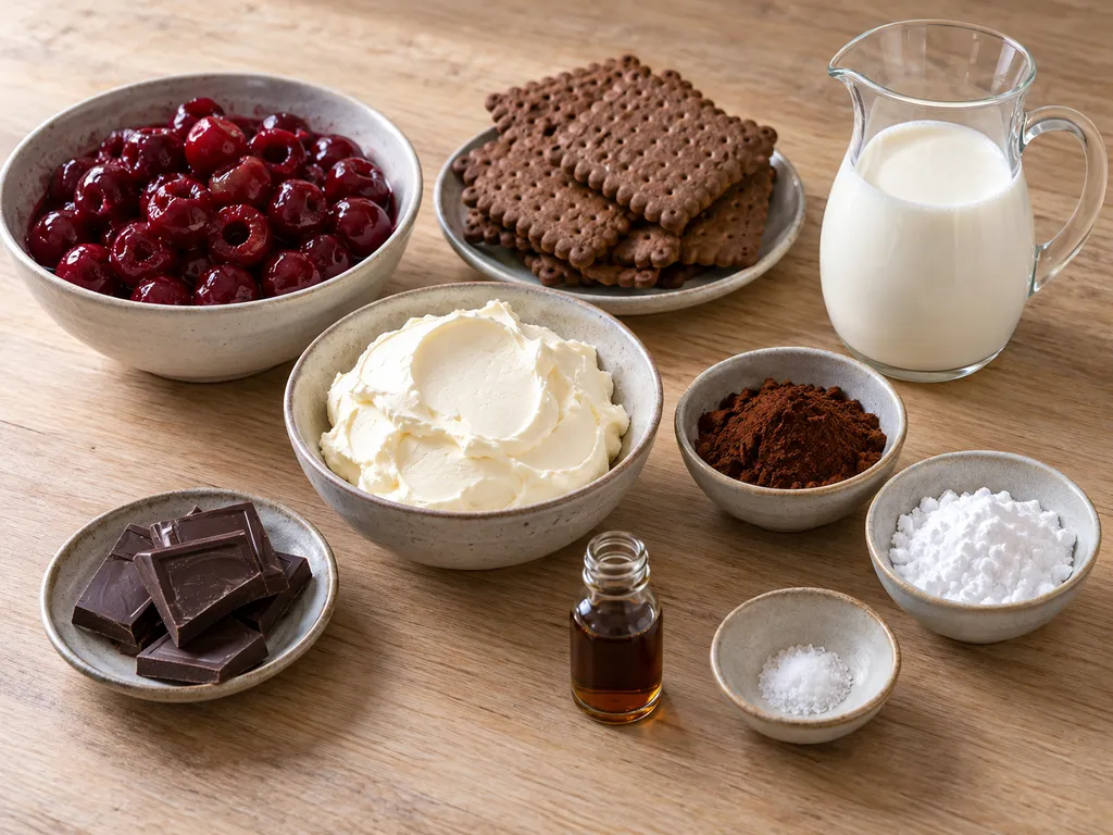 Meggy, kakaós keksz, mascarpone, tejszín és a csokoládés pohárkrém hozzávalói