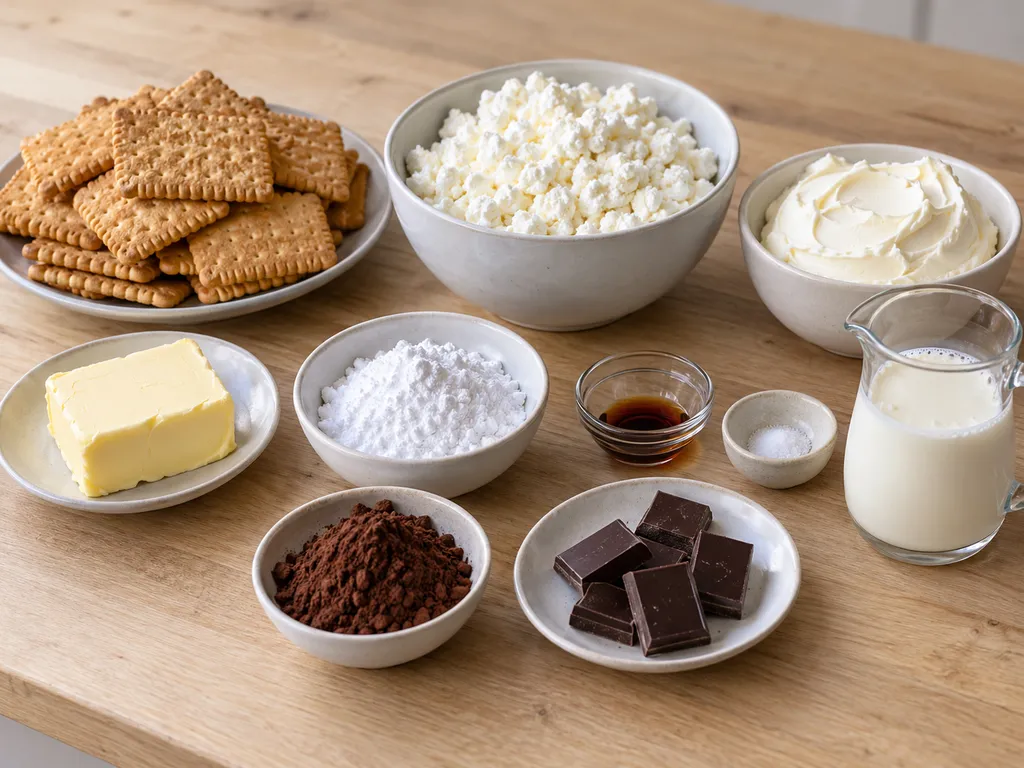 Keksz, vaj, túró, mascarpone, tejszín, porcukor, kakaó, étcsokoládé, vanília és só