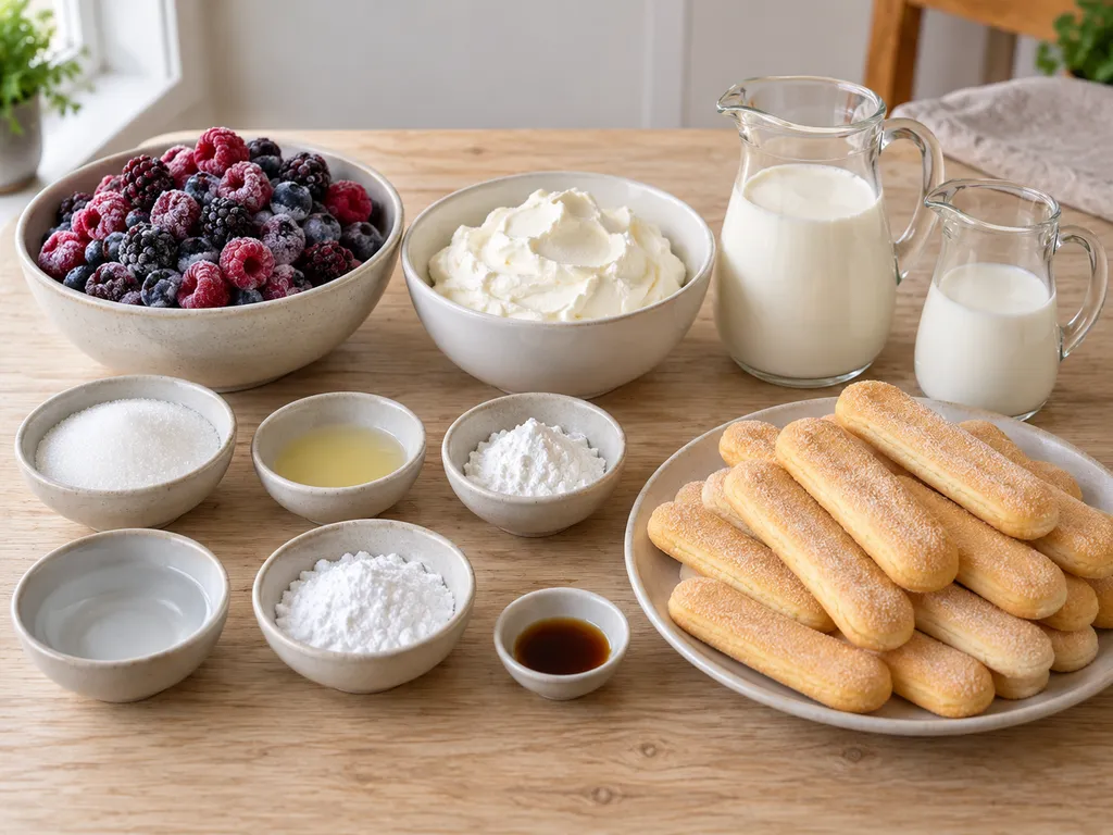 Erdei gyümölcs, babapiskóta, mascarpone és a krémes többi hozzávalója külön edényekben